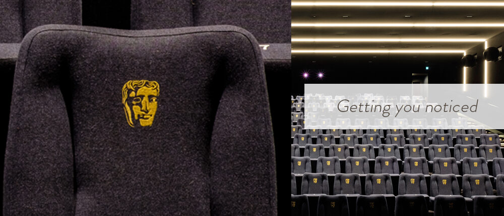 Image of Bafta auditorium and close up of a chair with Bafta face on it.